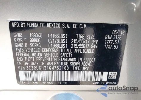 2016 Honda Hr-V Lx из США, поврежденный, VIN 3CZRU6H31GM752188